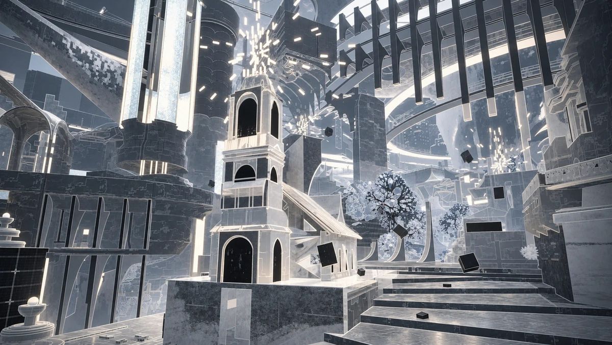 A pale, towering architectural structure in the HEVN area of S.H.E.L.L.