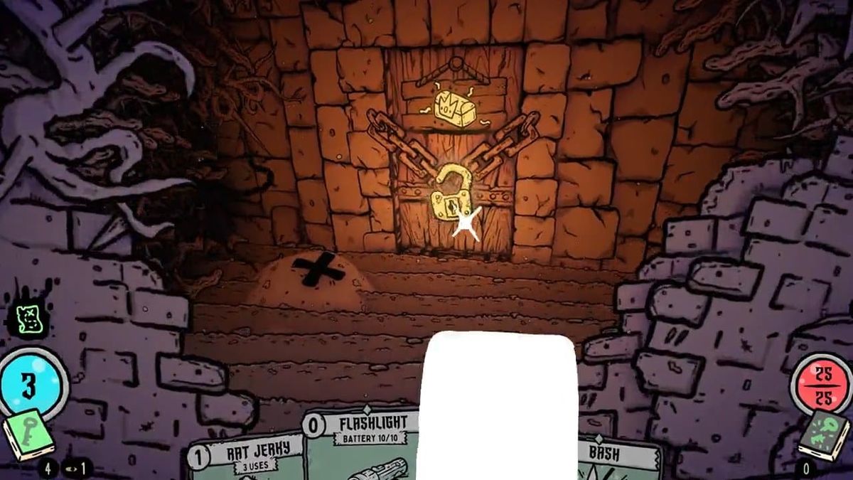 A hand-drawn first-person dungeon fight with cards held up before a fungal creature
