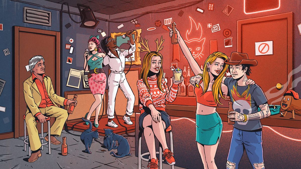 An illustrated crowd of drinkers and a dancing couple inside a red-lit dive bar, from Slime in the Ice Machine