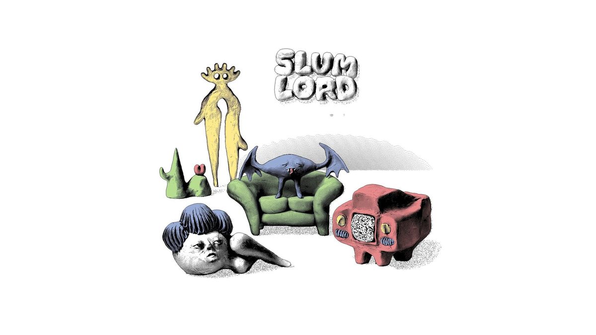 Mason Lindroth’s alternate cover for Slum Lord: clay-like figures on a white ground, including a bat creature perched on a green couch and a red television, under hand-lettered title text