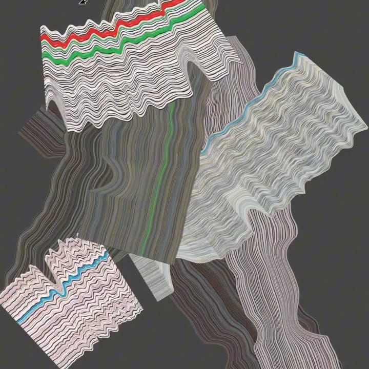 Layered ribbons of wavy black, white and colored lines folding across a gray field