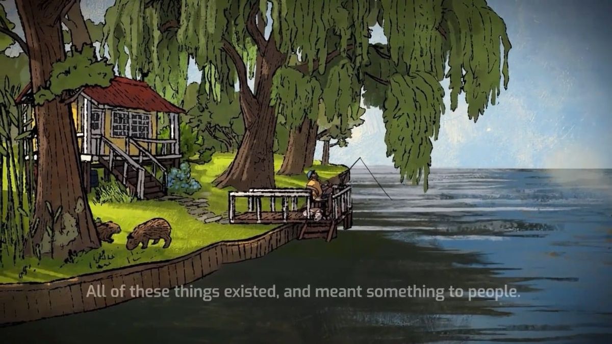 A stilt house under a willow on a wide brown river, drawn in an illustrated style, from The Swamp Daughter trailer.