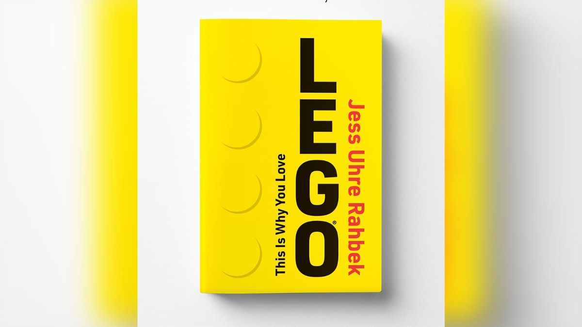 The yellow cover of This Is Why You Love LEGO by Jess Uhre Rahbek, styled like a LEGO brick seen from the side.