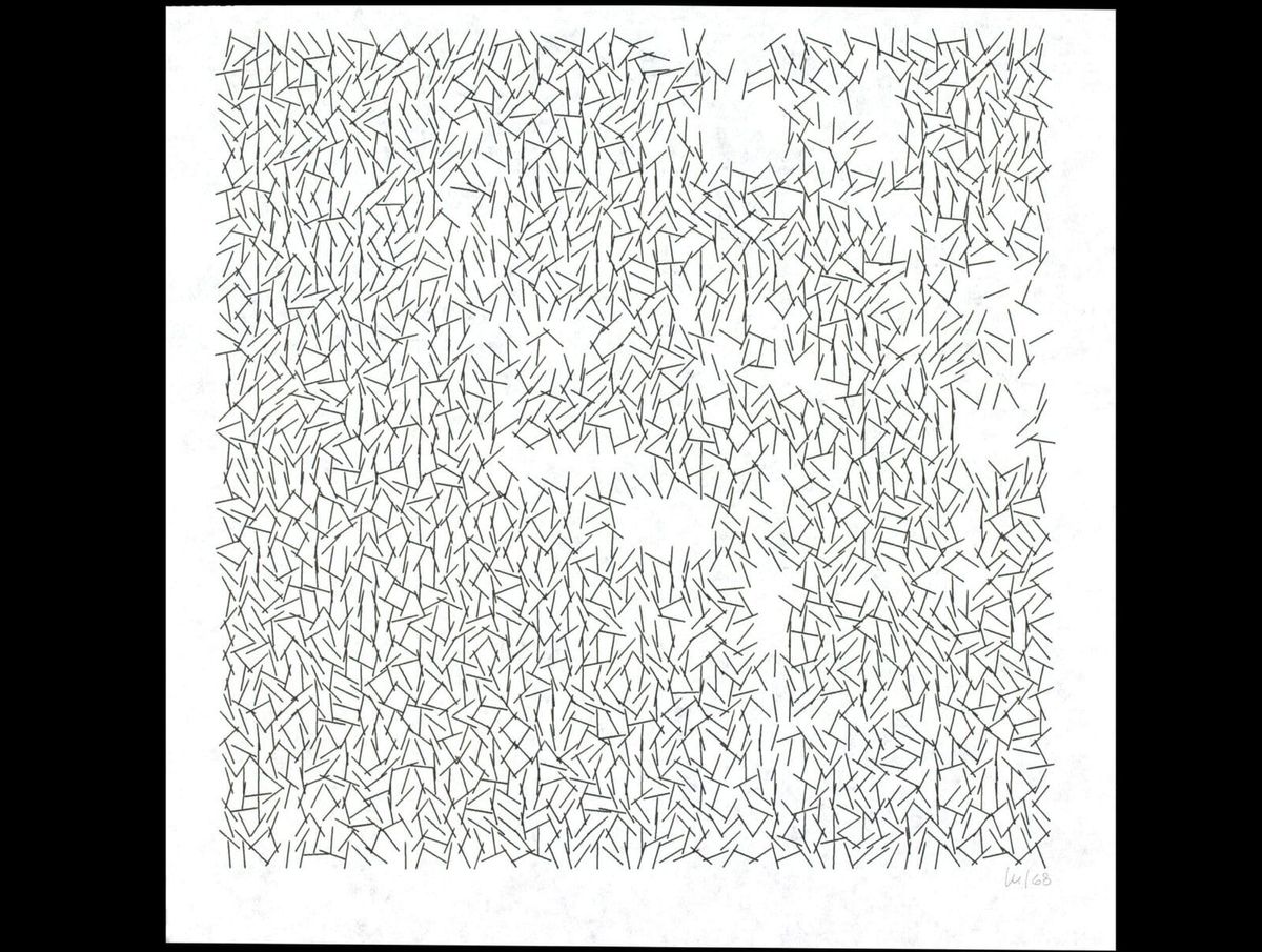 A square field of short black lines at random angles on white paper, with a few empty patches.