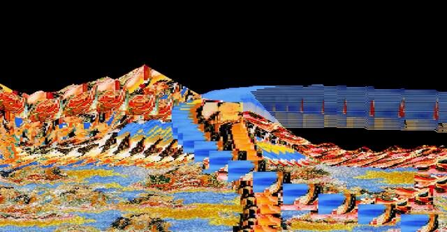 A rendered digital landscape of patterned orange and blue terrain