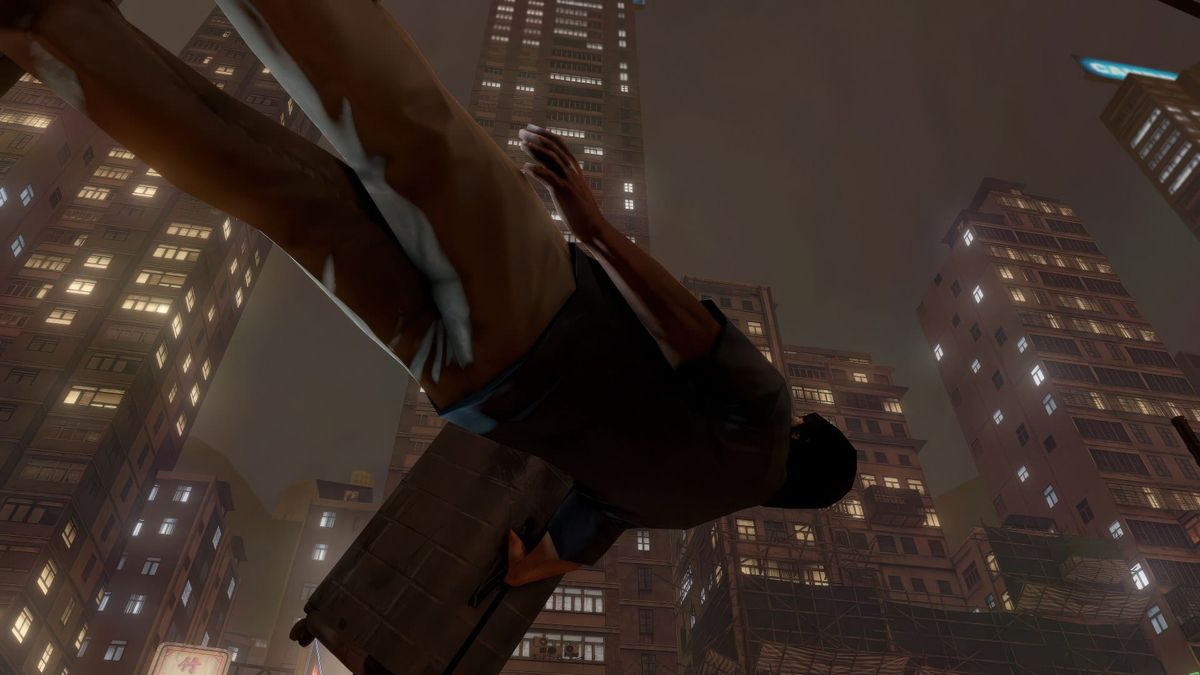 Game screenshot looking straight up from below street level at a man carrying a briefcase, with Hong Kong apartment towers lit against the night sky.