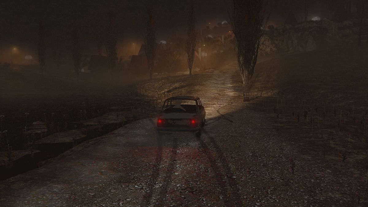 a car, tracks behind it in the wet asphalt as it goes towards a copse of thin trees in the fog, front headlights cutting thro