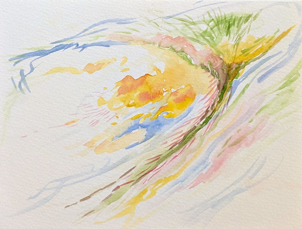 A loose watercolor sketch in yellow, green and blue from Casey Reas's Omnia Ex Natura
