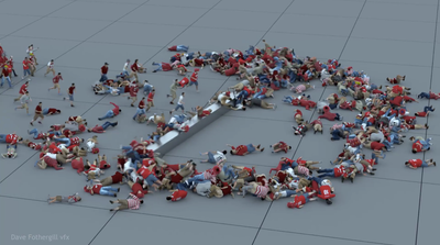 Watch a crowd of digital people cheerfully run into a giant metal propeller