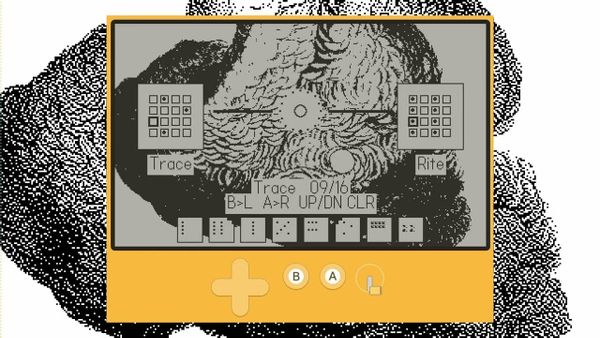A still from the Ancient Loops trailer showing the Playdate sound toy’s monochrome card graphics.
