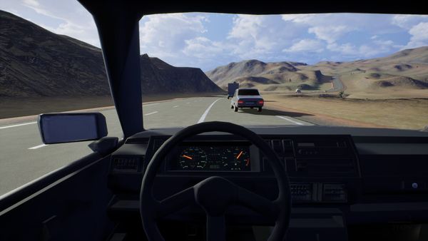 A first-person view from behind the wheel in Boring Car Stories: Maghrebine, a leather notebook mounted at the edge of the windshield