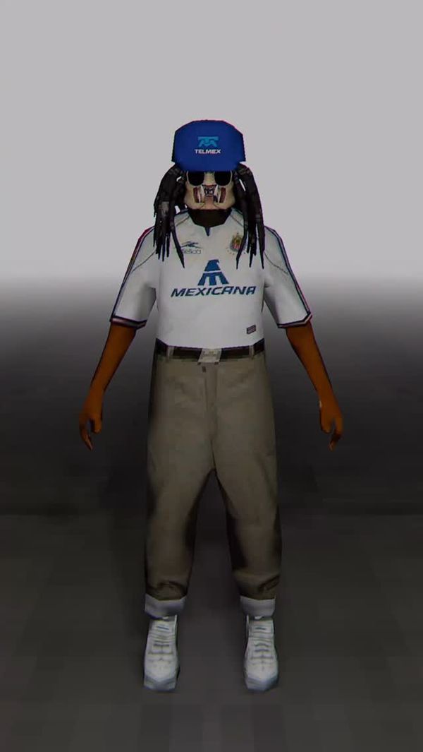 Low-poly 3D model of a man with dreadlocks wearing a blue cap and white airline jersey, rendered in PlayStation 2-era graphics