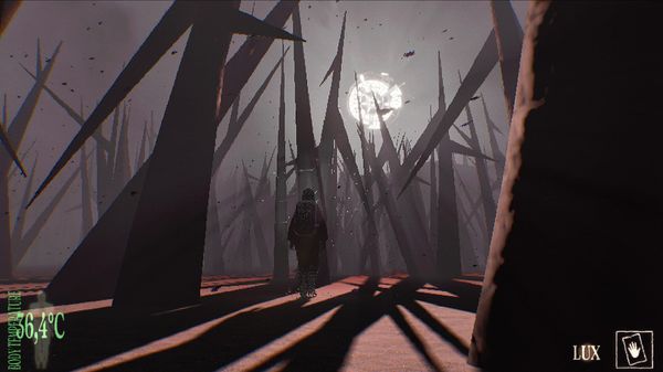 A figure walks among jagged black spires under a pale artificial sun in DUSKDOG, with a body-temperature readout onscreen