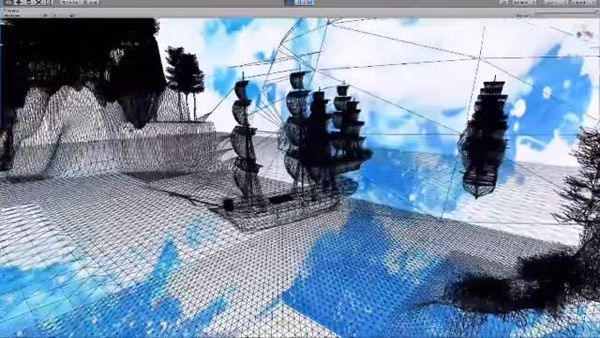 The Unity editor open on a blue and white hand-painted scene with sailing ships.