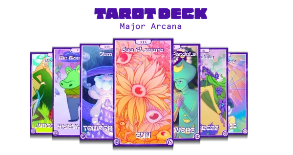 Fanned colorful tarot cards beneath the words Tarot Deck Major Arcana