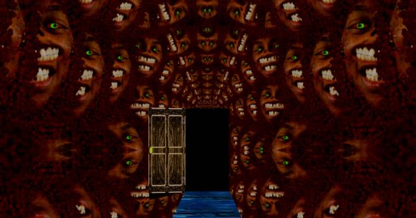 A weathered wooden door stands open in a dark corridor whose walls are patterned with repeating faces