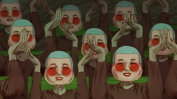 Hand-drawn crowd of figures in rosy-cheeked smiling masks raising their hands