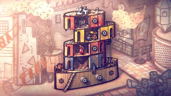 A cardboard tower of stacked market stalls in a hand-built city
