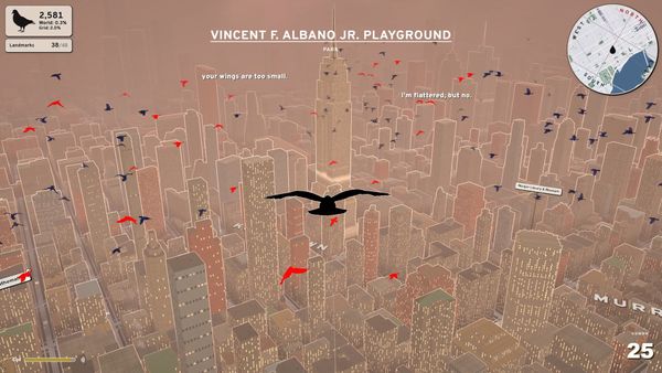 A black pigeon flying over a pale 3D New York, with speech bubbles reading 'your wings are too small' and 'I'm flattered, but no'