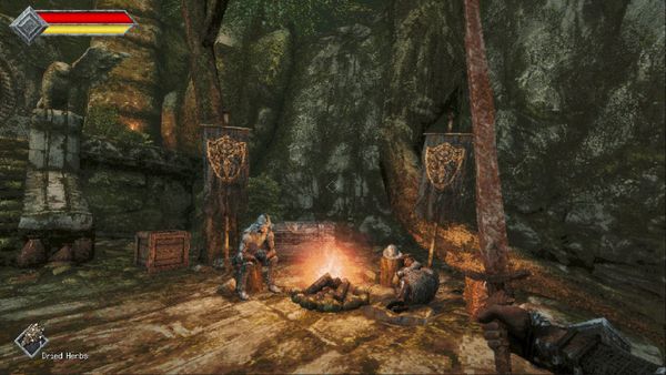 A first-person view of a low-resolution dark fantasy landscape in Queen’s Domain