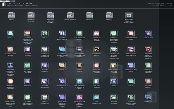 The desktop-style interface of thelittledatabase.com, a grid of grey archive icons over a spiral background