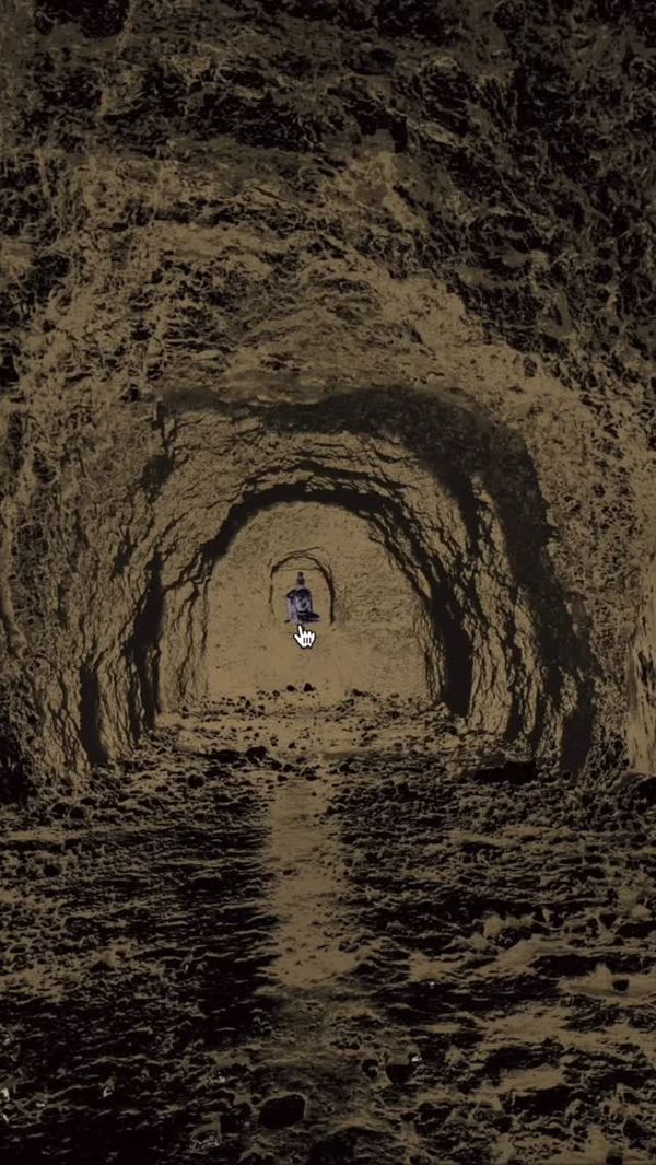 A first-person view down a rocky tunnel toward a small distant figure