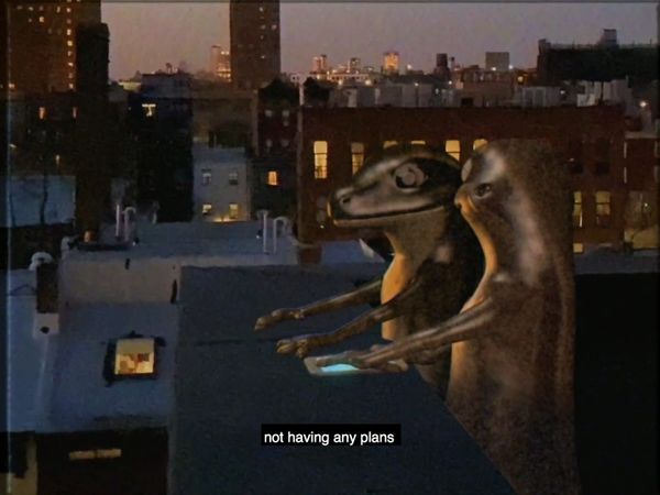 Two computer-generated lizards look at a phone on a Brooklyn rooftop at dusk