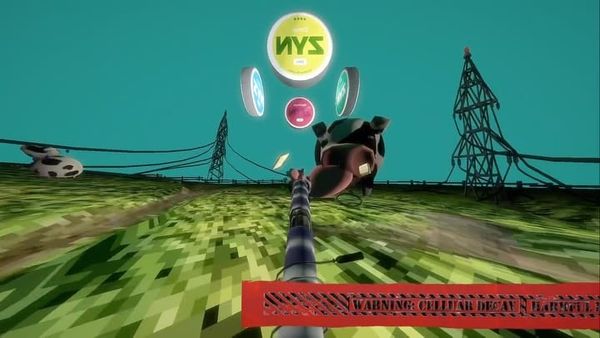 First-person view of a low-poly pasture with power lines, a cow, and a giant nicotine pouch tin floating in a teal sky