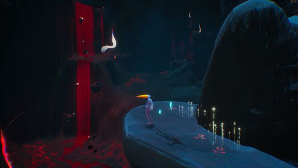 A small bird character stands in a glowing surreal wilderness in Abelina, with lantern-like plants overhead