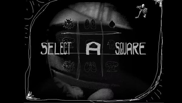 A dark CAPTCHA-style grid of nine squares with the words Select a Square in rough white type