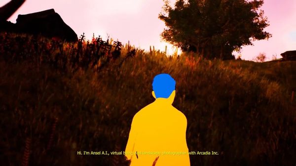 A figure in a yellow jacket with a blue head walks through rendered grassland at sunset while a subtitle introduces Ansel A.I.