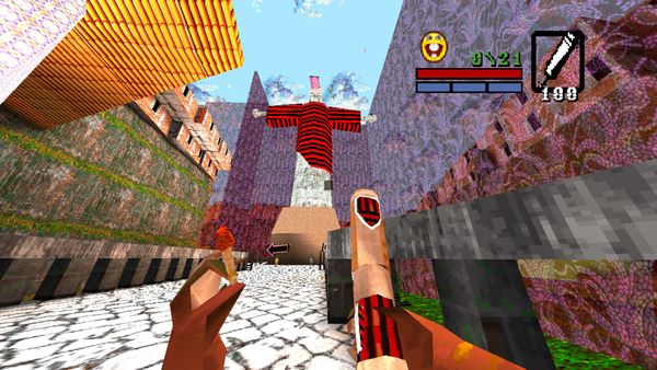 A first-person shooter view of a Brazilian favela street rendered in the low-poly style of the Quake engine
