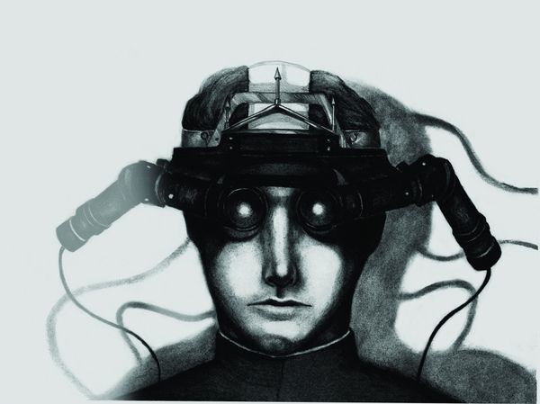 Black and white drawing of a person in an early head-mounted display