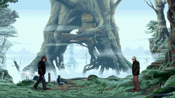 Two pixel-drawn figures face each other beneath an enormous tree in a misty swamp