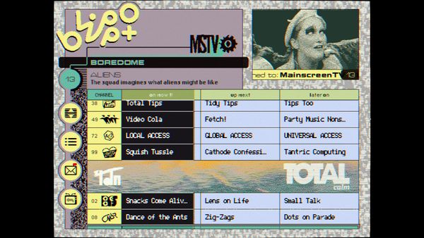 The Electronic Program Guide screen from Blippo+, listing alien television shows in saturated colour.