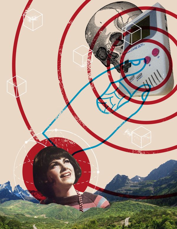 A collage of concentric red rings over a mountain landscape, a vintage radio, a cut-out portrait and floating wireframe cubes