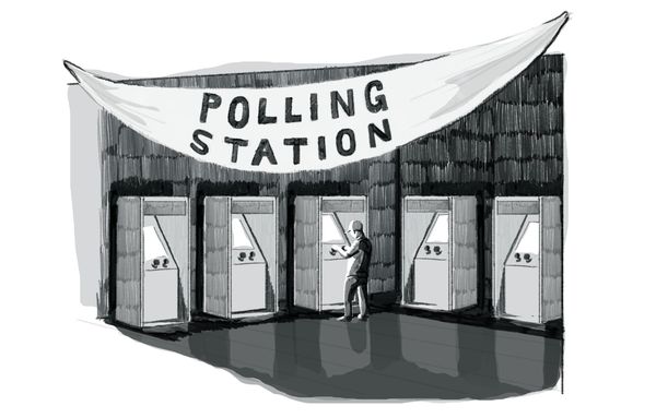 Ink illustration of a row of voting booths beneath a banner reading Polling Station