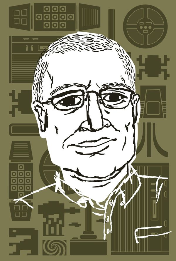 A line portrait of Rich Stearns in glasses against an olive field of drawn arcade cabinets.