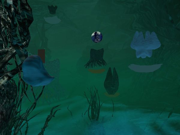 3D rendered green underwater grotto with a floating blue orb and pale digital plants