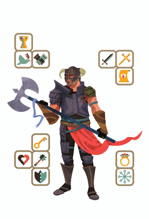 A Skyrim-style warrior with an axe, ringed by inventory icons for keys, potions, hearts and swords.