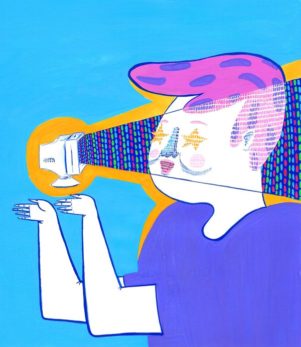 Illustration of a pink-haired figure peering into an old viewer as a beam of striped color pours out, on a bright blue ground
