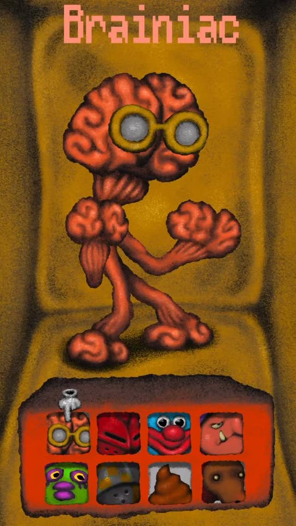 A lumpy orange clay creature with a brain-shaped head and goggles, labeled Brainiac, above a grid of fighter portraits