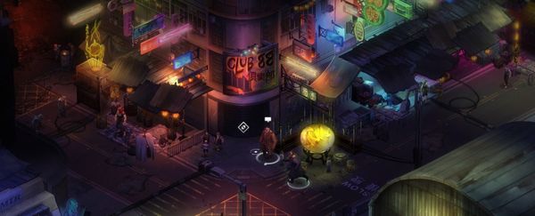 Isometric cyberpunk street scene in purple and teal, with market stalls and figures under neon light