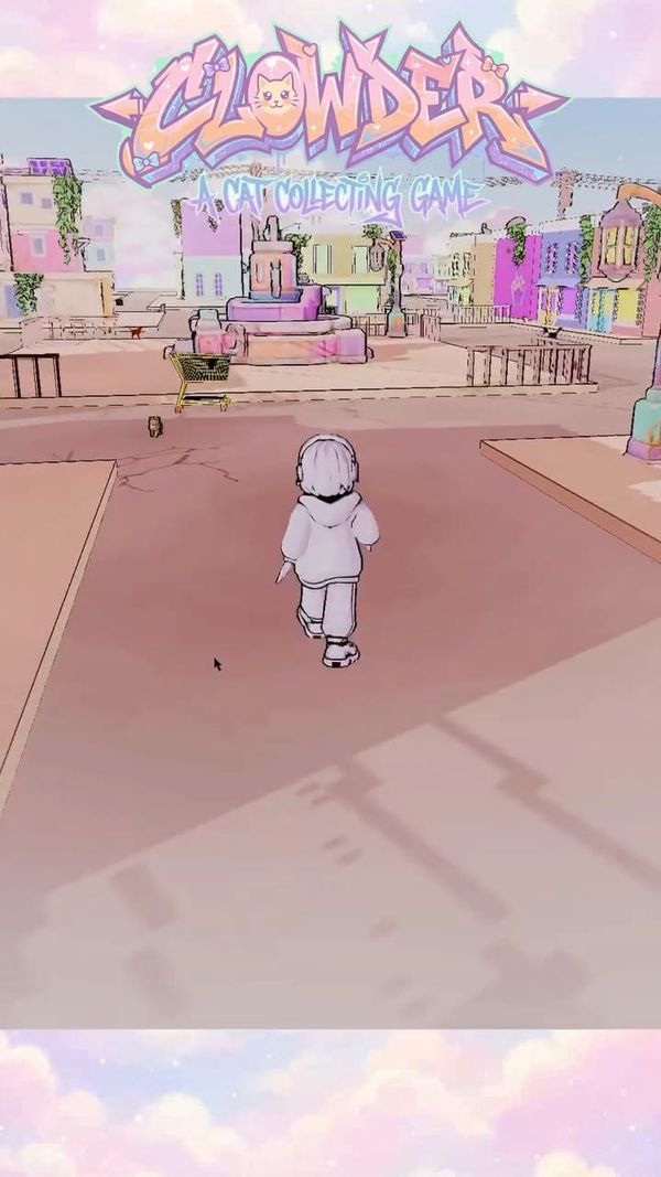 A white cat walks down a pastel street in a low-poly cloud city