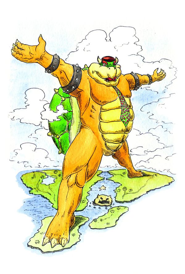 A cartoon Bowser standing astride a small green island, arms outstretched, against a pale blue sky.