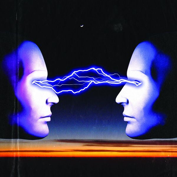 Two blue faces facing each other with lightning arcing between them