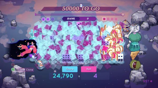 A hand-drawn table covered in dice, trinkets and snacks in Dice Have No Eyes