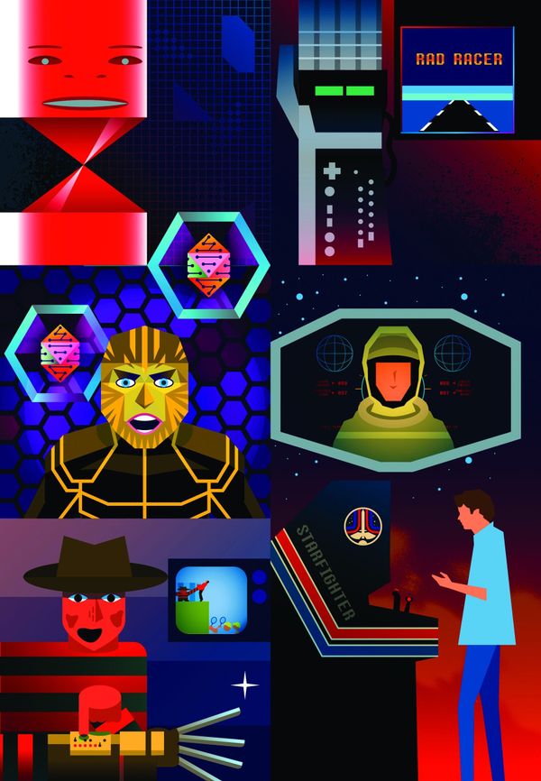 Collage of retro VR and arcade imagery in red and blue