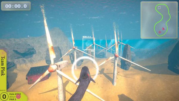 A cybernetic dolphin swims past sunken wind turbine wreckage in the underwater golf game Dolf