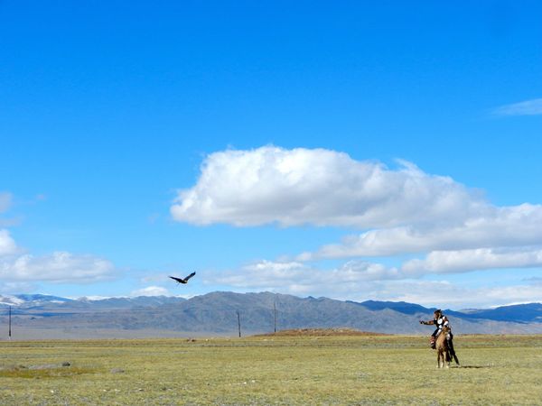 A lone horseman crosses an open Mongolian steppe under a wide blue sky as a bird circles overhead.